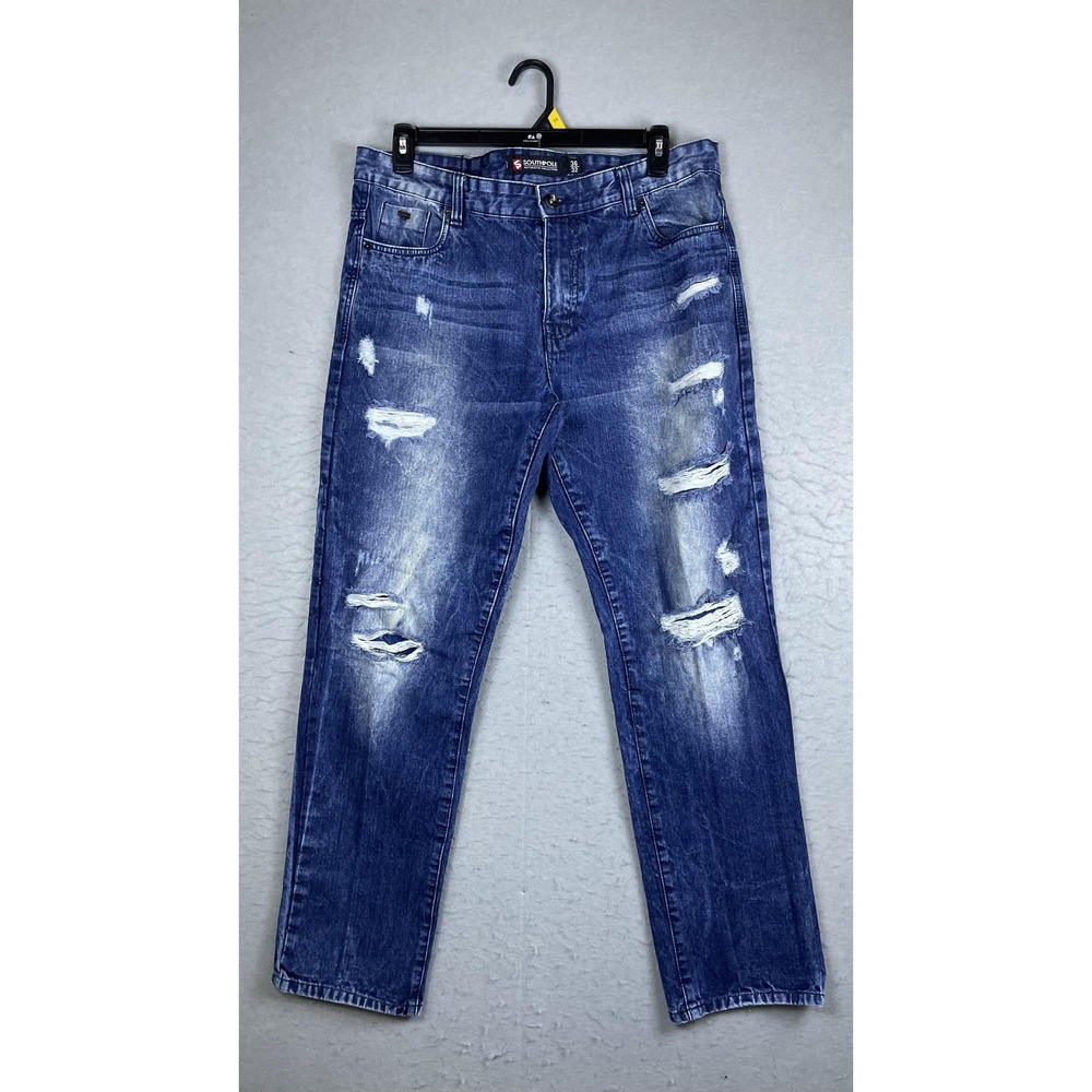 Southpole‎ Jeans Mens 36x32 Blue Med Wash Relaxed Straight Leg Distressed Denim